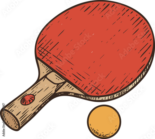 Table tennis paddle with red rubber surface and orange ball vector illustration for sport and leisure activities