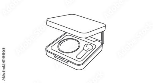 Open compact makeup case with mirror and brush.