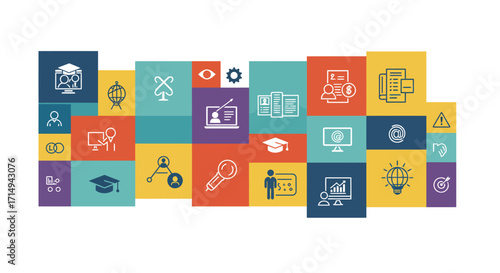 Colorful flat design icons for education and technology concepts
