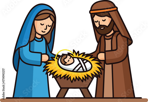 A Nativity scene depicting the birth of Jesus with Mary and Joseph lovingly looking over the baby Jesus in the manger, under the bright Star of Bethlehem.