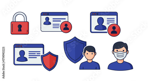 Cybersecurity protection icons with user privacy and security elements