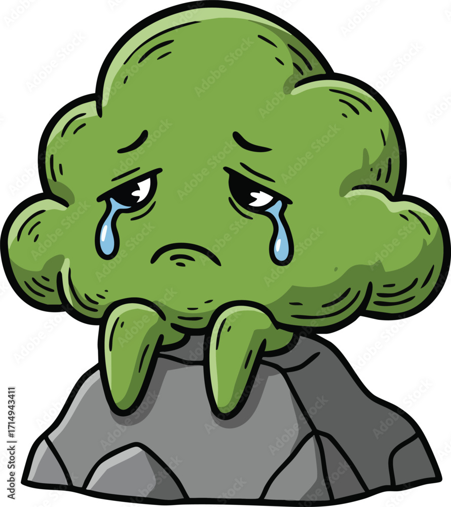 Obraz premium Sad crying tree character sitting on gray rock with drooping branches and teary eyes vector illustration 