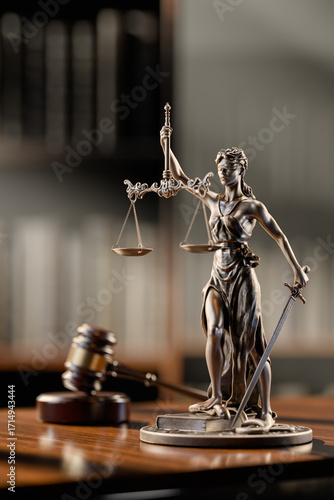 Legal Concept: Themis is the goddess of justice and the judge's gavel hammer as a symbol of law and order on the background of books