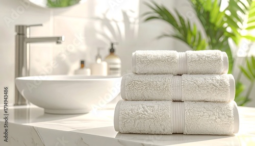Clean White Towels Stacked on a Bathroom Countertop Next to a Sink.