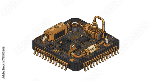 Retro futuristic isometric microchip design with steampunk elements