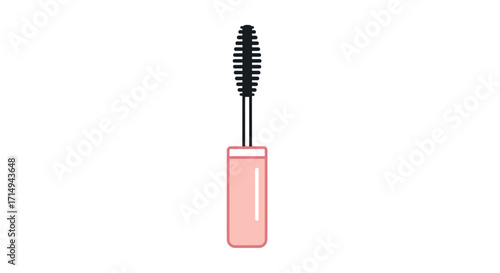 A pink mascara tube with a black bristled wand for applying eye makeup.