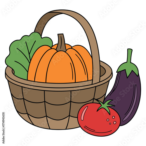 Vegetables, including a pumpkin, tomato and eggplant, rest beside a full basket against white