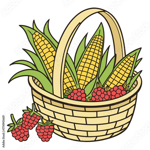 Wicker basket carries fresh yellow corn and red raspberries for autumn harvest