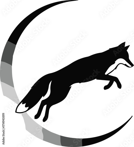 An abstract nature emblem of a jumping fox against a moon, perfect for business and technology backgrounds, appealing to people's travel, lifestyle, city, and fashion interests