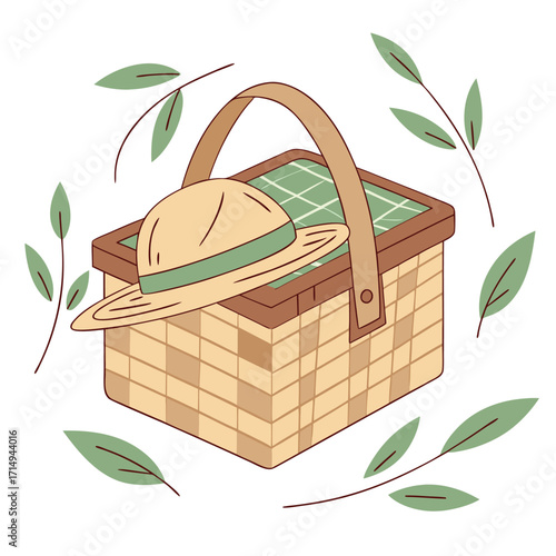 Wicker picnic basket features a sunhat and is decorated with surrounding green leaves