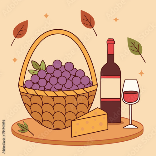 Wine bottle, cheese wedge, full grape basket and fall leaves rest nicely