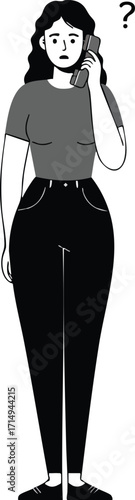 Woman standing confused while talking on phone communication concept vector illustration 