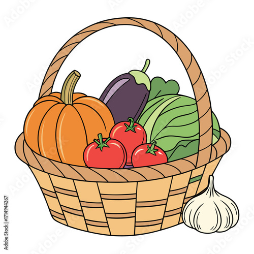 Woven basket overflows with colorful fresh harvest vegetables like pumpkin, tomatoes, cabbage, eggplant and garlic