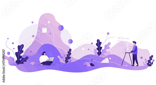 Creative teamwork in abstract landscape with gradient shades