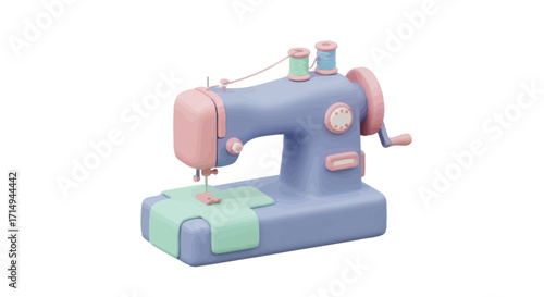 Pastel Sewing Machine with Thread Spools and Fabric.