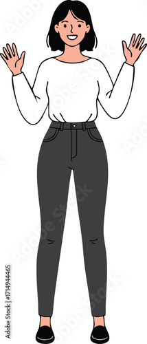 Young woman standing with raised hands wearing white blouse and dark pants casual style vector illustration 