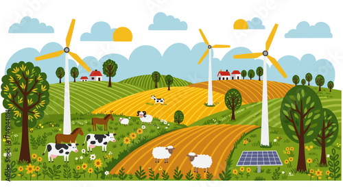 Sustainable farming landscape with wind turbines and solar panels
