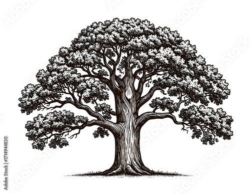 Detailed illustration of a majestic, mature tree, rendered in a fine line art style, showcasing intricate foliage and a strong trunk.