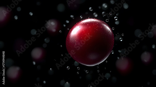 Crimson Berry's Refreshing Embrace: A captivating shot of a single, vibrant crimson berry glistening amidst a cascade of water droplets, set against a dark backdrop.