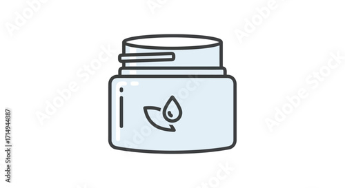 Simple Line Art Icon of a Cosmetic Jar with Leaf and Drop Symbol.