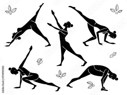 Abstract black silhouettes of yoga practitioners, minimalist vector style, random arrangement across beige canvas, serene visual rhythm.