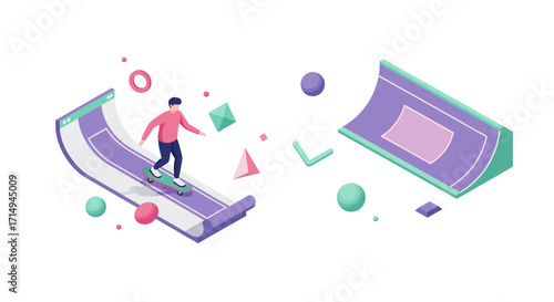 Skateboarding adventure on isometric half-pipe with abstract geometric elements