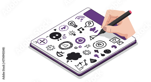 Hand drawing digital icons on tablet in modern minimalistic isometric style