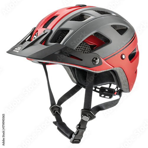 Modern red and gray mountain bike helmet with visor and straps for cycling safety isolated on transparent background