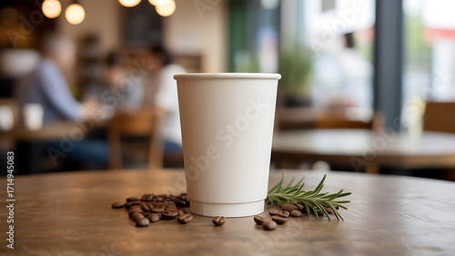 Blank paper coffee cup on wooden table with coffee beans and rosemary