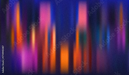 Abstract Night City Lights: Vertical Blurred Bokeh Background with Noise Texture, Vibrant Neon Colors, and a Dreamy Atmosphere.
