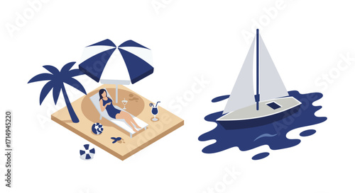 Isometric summer beach relaxation and sailing adventure scene