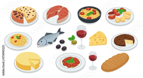 Assorted european cuisine with cheese, pasta, bread, and wine in isometric style