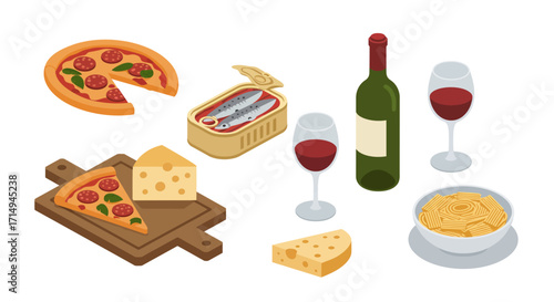 Isometric wine and cheese set with pizza and pasta elements