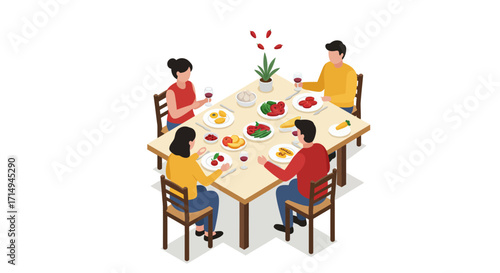 Family dining scene with friends sharing a meal at dinner table in isometric…