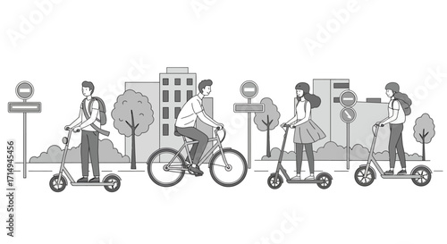 Urban commuters on scooters and bicycle in monochrome cityscape