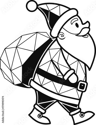 Set of cheerful cartoon Santa Claus carrying a large sack full of gifts line art silhouette vector illustration.