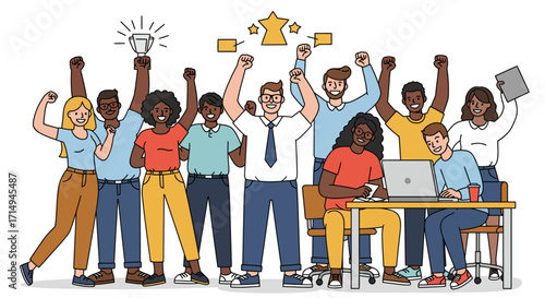Diverse team celebrating success with trophy and star icons in modern flat art