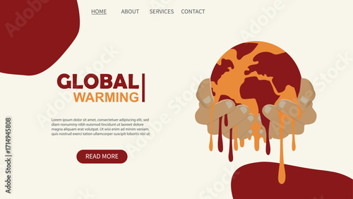 Global Warming banner. Website landing page template about global warming with melting Earth. Global temperature rise. Climate crisis. Business banner for climate. Flat style. Vector illustration
