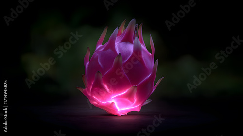 Dragon Fruit in Focus: This photo captures a mesmerizing shot of a dragon fruit, showcasing its vibrant pink skin and delicate, intricate structure, with an alluring glow.
