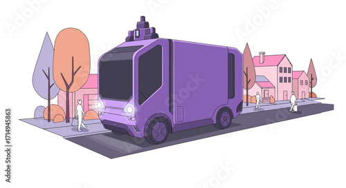 Futuristic autonomous delivery vehicle in suburban neighborhood
