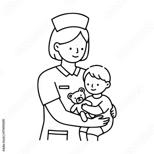 Nurse comforting a child with a toy in a pediatric room  