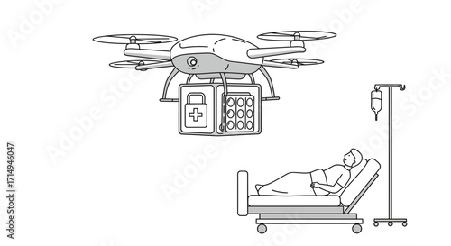 Medical drone delivering emergency supplies to hospital bedside in linear style