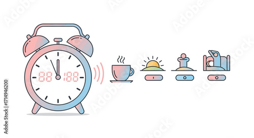 Pastel gradient alarm clock and daily routine icons in modern flat style