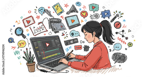 Content creator editing video on laptop in creative workspace with digital icons