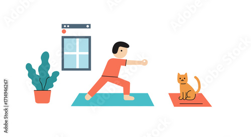 Man practicing yoga at home with cat in minimal flat design