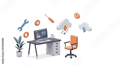 Modern workspace with floating digital elements and office furniture in 3d