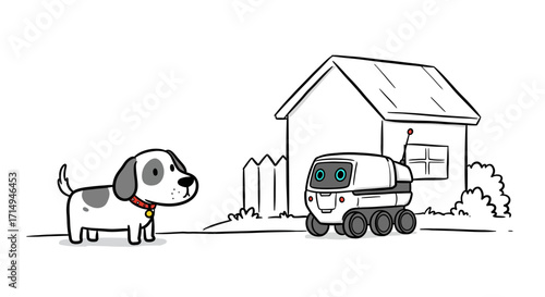 Curious dog meets friendly delivery robot outside charming house
