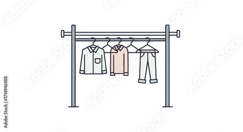 Minimalist Line Art Clothing Rack with Hanged Shirts and Trousers.
