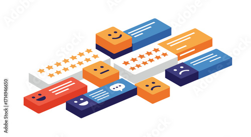 Colorful isometric customer feedback icons with emoji and star ratings