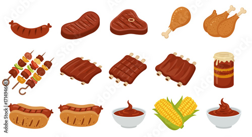 A cartoon assortment of barbecue foods including meats ribs sauce corn and hot dogs